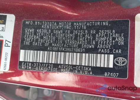 2017 Toyota Camry Se from USA, damaged, VIN 4T1BF1FK3HU710631